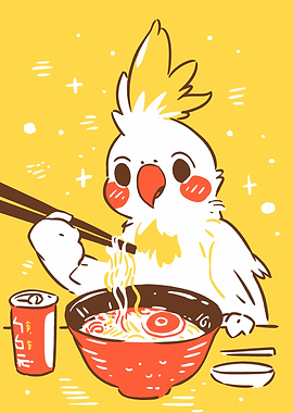 Cute Cockatiel Eating Ramen Illustration