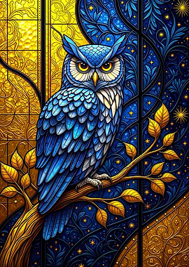 Blue Owl Stained Glass Style Art
