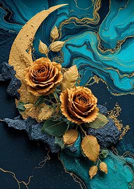 Teal Gold Rose Flower