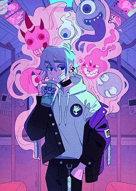 Anime Boy with Spirits and Drink