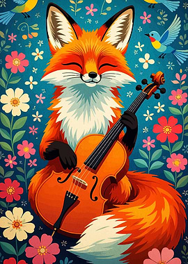 Fox playing cello in floral garden