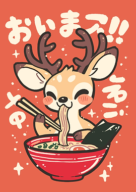 Cute Deer Eating Ramen Illustration