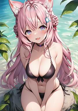 Anime Girl with Cat Ears in Bikini
