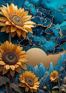 Teal Gold Sunflower Flower