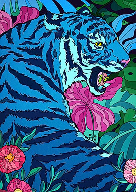 Blue Tiger Floral Illustration