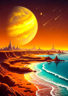 Exoplanet Beach Landscape with Meteor Shower
