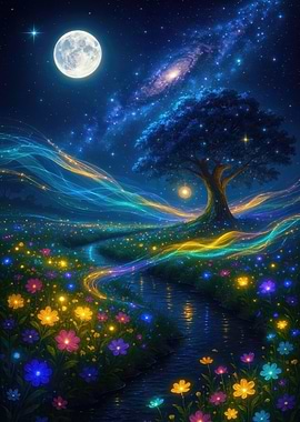 Magical Night Landscape with Tree and Moon