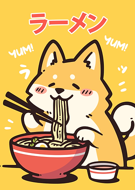 Shiba Inu Eating Ramen Illustration