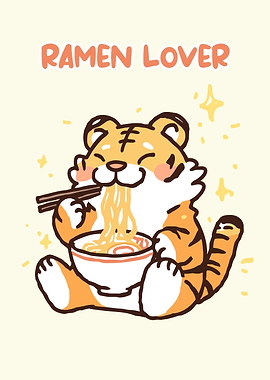 Cute Tiger Eating Ramen Illustration