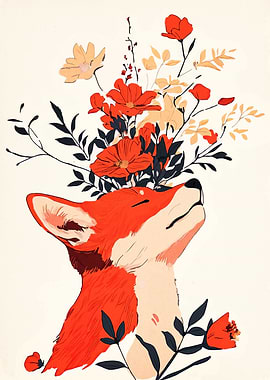 Fox with Floral Crown Illustration