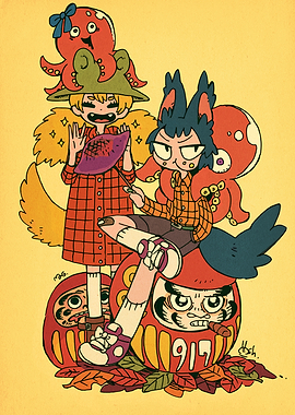 Whimsical Character Stack with Daruma Dolls