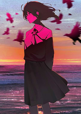 Anime Girl at Sunset with Birds