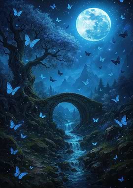 Blue Butterfly Moonlight Bridge Landscape