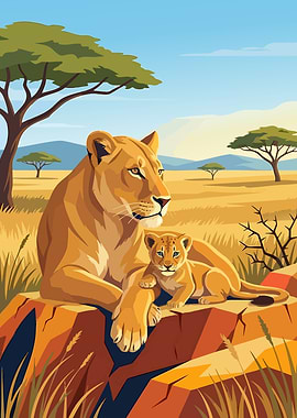 Lioness and Cub in African Landscape