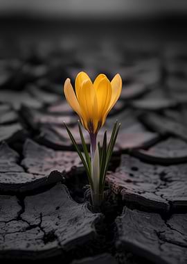 Yellow Crocus Flower in Cracked Earth