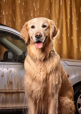 Wet Golden Retriever by Car Wash