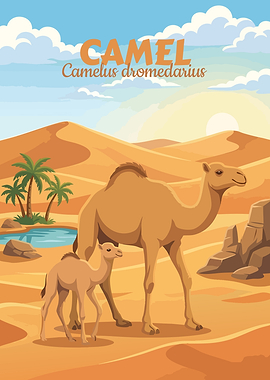 Camel and Calf in Desert Landscape