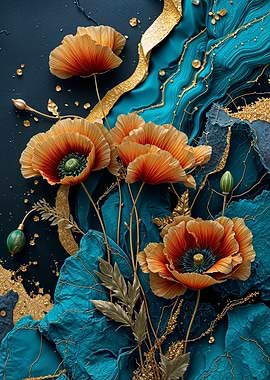 Teal Gold Poppies Flower