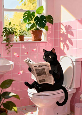 Cat Reading Newspaper on Toilet