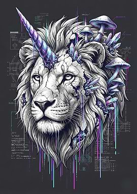 Lion Unicorn with Crystals and Mushrooms