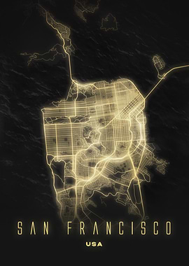 Illuminated San Francisco, USA - Night City Map Poster, Modern Wall Art