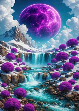 Surreal Waterfall Landscape with Purple Planet