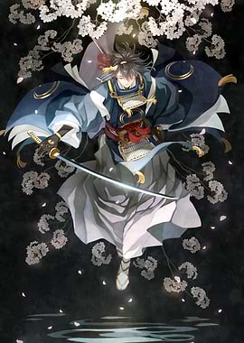 Samurai with Sword and Cherry Blossoms