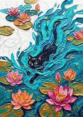 Black Cat in Lily Pond Painting