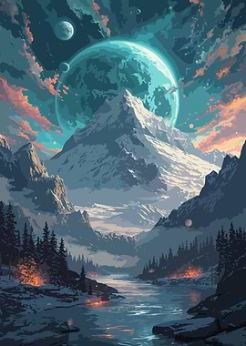 Fantasy Landscape with Mountains and Blue Planets