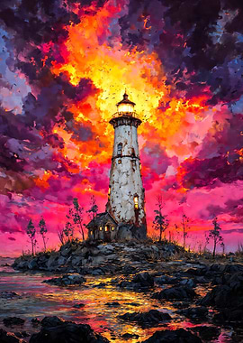 Lighthouse, Fiery Sunset, Sea