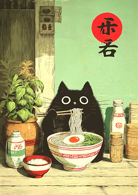 Black Cat Eating Ramen Illustration
