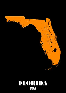 Florida USA State Minimalist Black Orange Topographic Contour Relief Map featuring terrain in orange color