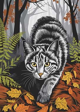 Striped Cat in Autumn Forest