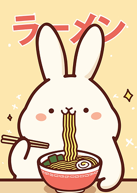Cute Bunny Eating Ramen Illustration