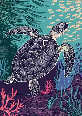 Sea Turtle Underwater Illustration