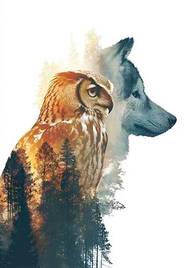 Owl and Wolf Double Exposure
