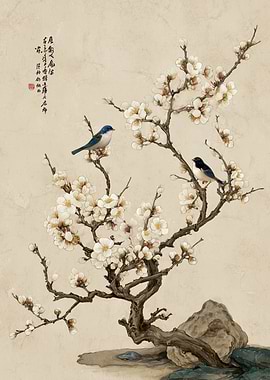 Birds on Blossoming Sakura Tree Branch Painting