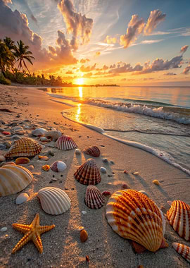 Sandy Sea Beach by Sunset with Seashells