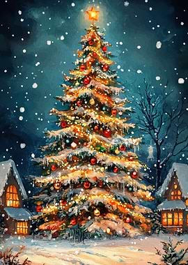 Christmas Tree in Snowy Village Painting