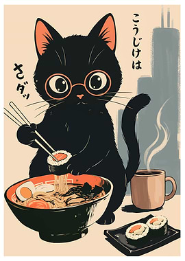 Cat eating ramen and sushi