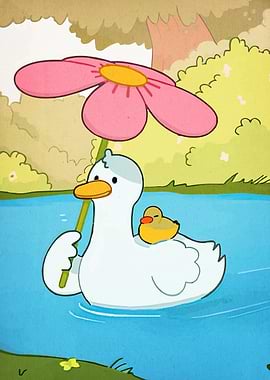 Duck with Flower Umbrella and Chick