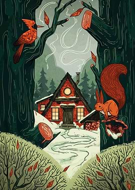 Winter Cabin in the Woods Illustration