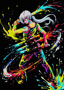 Colorful Anime Swordsman with Paint Splatters