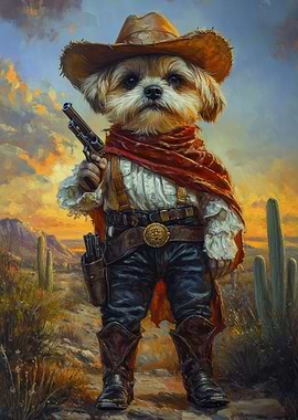 Dog Cowboy in Desert Landscape | Cute Western Dog Poster