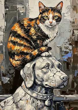 Cat on Dog Sculpture Painting
