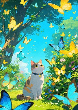 Cat and Butterflies in a Meadow