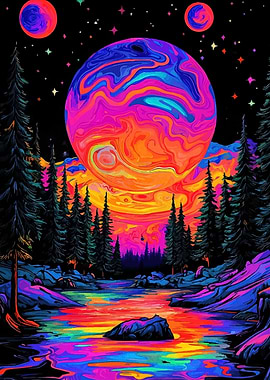 Psychedelic Landscape with Planets and River