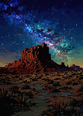 Desert Landscape with Starry Night Sky