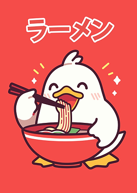 Cute Duck Eating Ramen Illustration