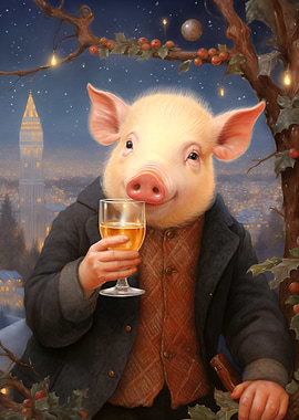 Pig with Wine Glass Cityscape